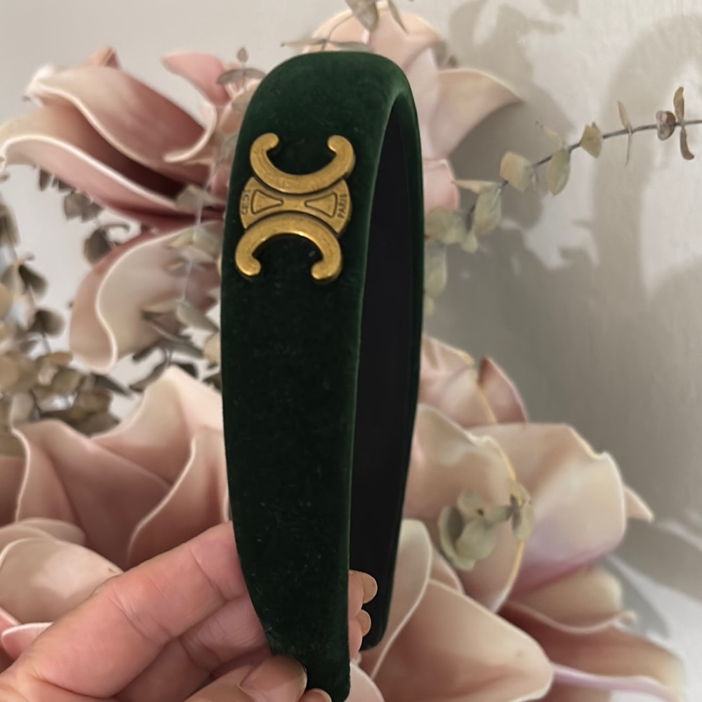 Dark Green Velvet Headband with Gold Emblem